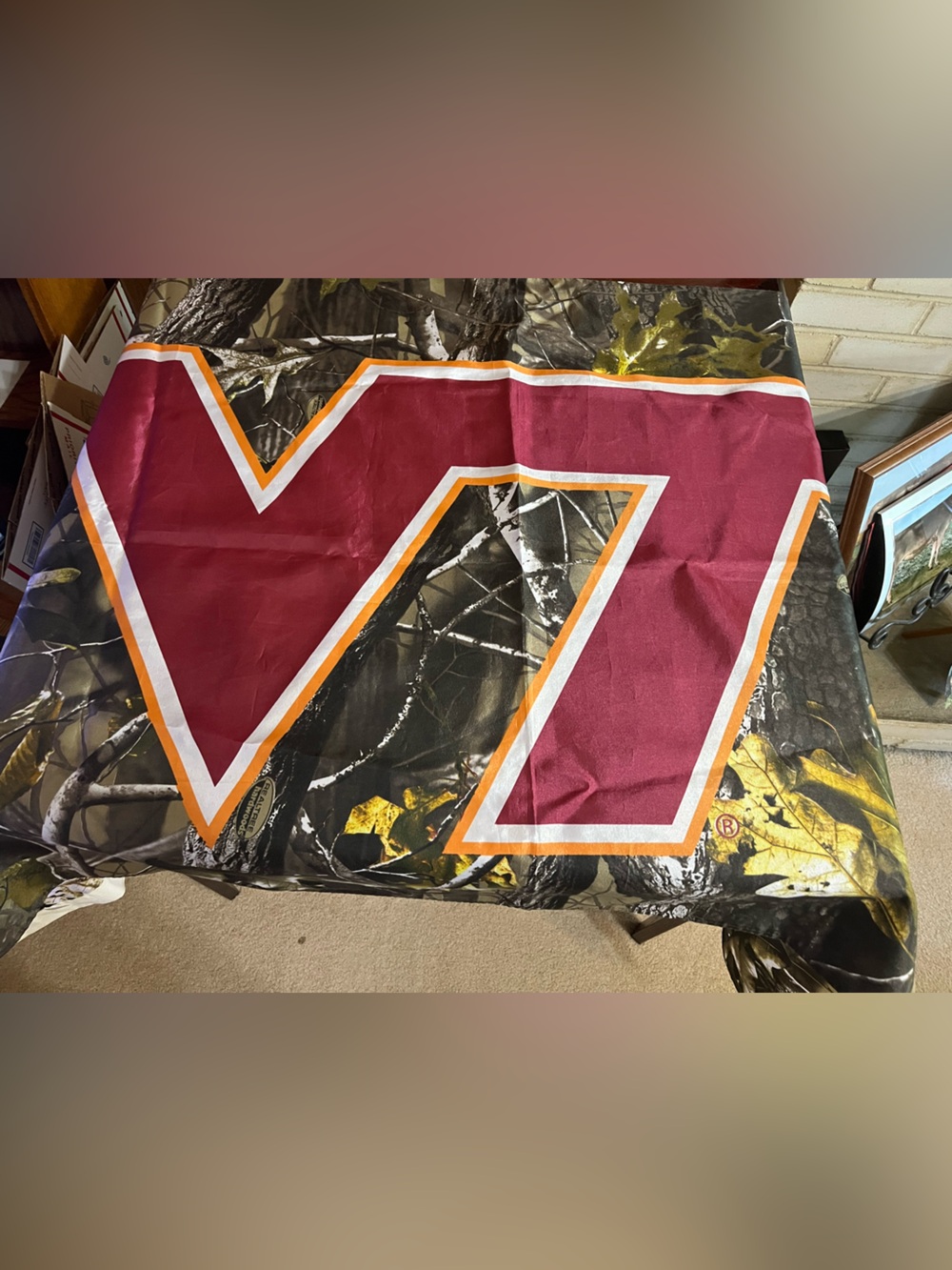 Realtree Camo Tapestry with Maroon, Orange and White 'VT' Graphic